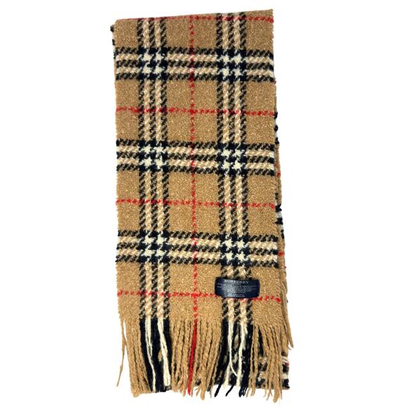 Burberry Scarf Wool House Check Houndstooth Plaid Brown Tan Red Fringe Angora - Picture 5 of 6